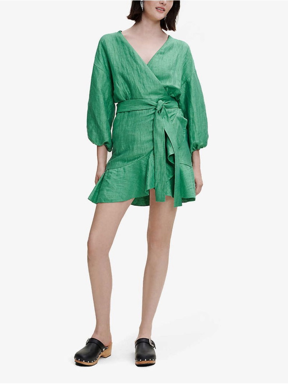 Wrapped Linen-Blend Midi Dress with tie